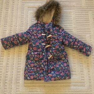 Mini Boden Floral Puffer Jacket with Faux Fur Hood